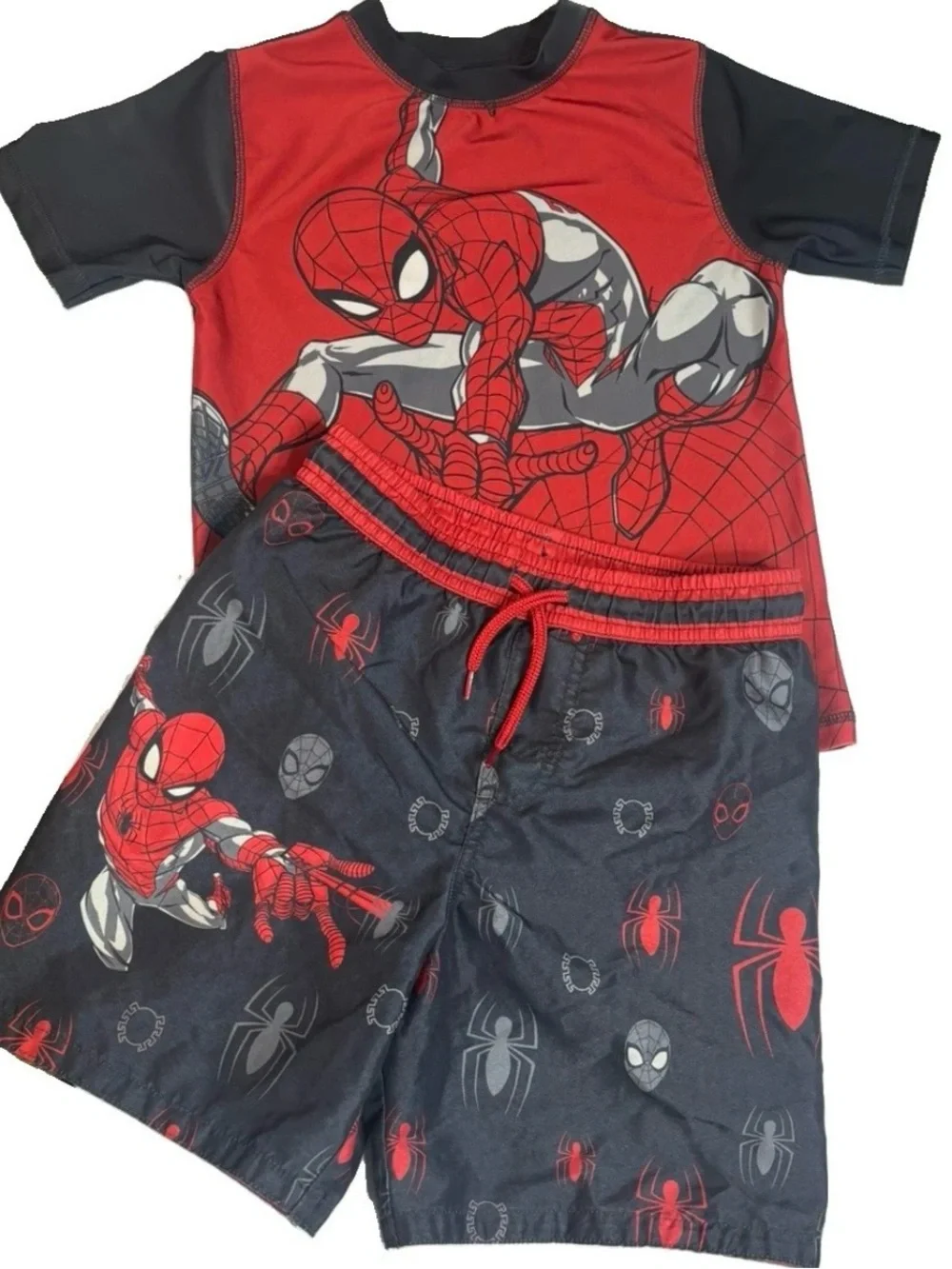 Marvel Spider-Man Boys Swim Set Size 7 Shirt & Swim Trunks Gray Red 2-Piece